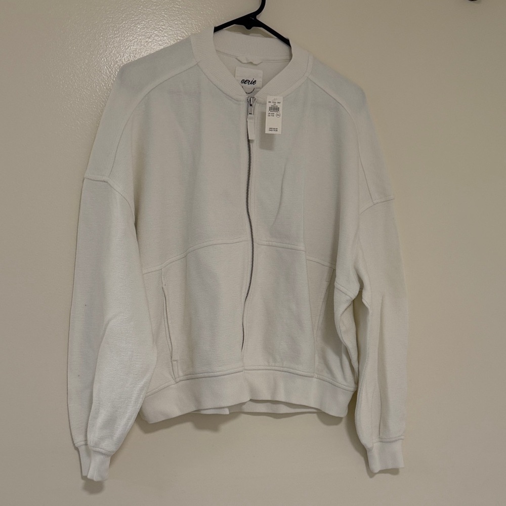 NWT Aerie Off-White bomber Zip-Up Sweater